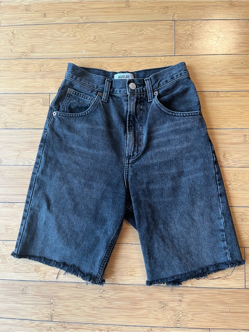 Agolde Washed Black Super High-Rise Cutoff Denim Shorts 100% Cotton 9” Inseam